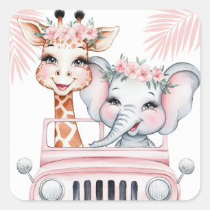 Sticker Carré Floral Safari aventure Baby shower fille rose