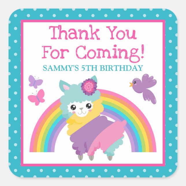 Sticker Carré Floral Spring Rainbow Llama & Rainbow Birthday (Devant)
