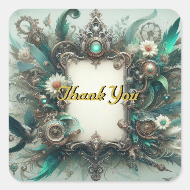Sticker Carré Floral Steampunk Mariage vert et argent (Devant)