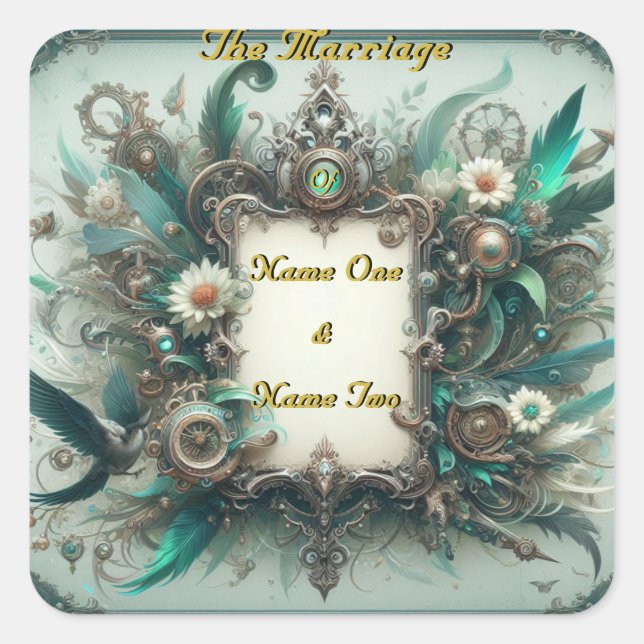 Sticker Carré Floral Steampunk Mariage vert et argent (Devant)