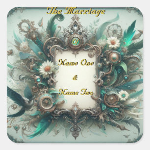 Sticker Carré Floral Steampunk Mariage vert et argent