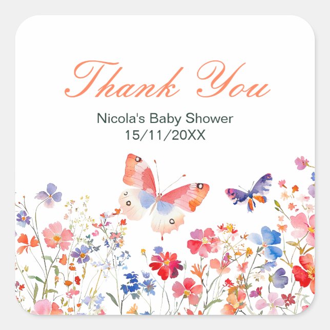 Sticker Carré Floral Summer Butterfly Baby Shower (Devant)