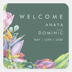 Sticker Carré Floral tropical coloré   Bienvenue au Mariage vert
