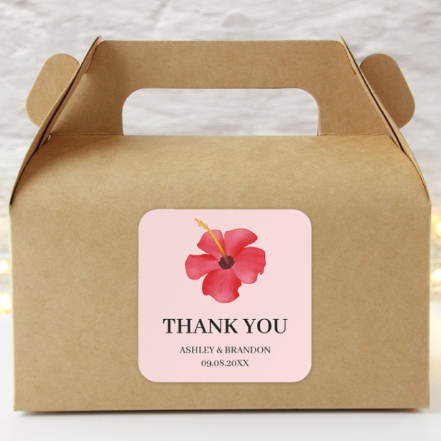 Sticker Carré Floral Tropical Pink Flower Wedding Thank You (Créateur téléchargé)