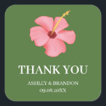 Sticker Carré Floral Tropical Pink Flower Wedding Thank You<br><div class="desc">Bright and bold,  this pink tropical flower sticker with green background adds vibrant island style to any celebration. Featuring a lush floral design full of tropical charm,  it’s perfect for sealing wedding envelopes,  decorating favor bags,  or adding a colorful accent to party details.</div>