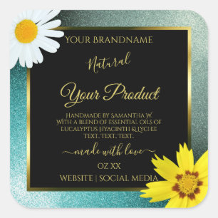 Sticker Carré Floral Turquoise et Parties scintillant bleue Étiq