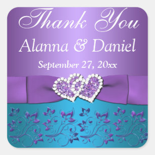 Sticker Carré Floral Violet Turquoise, Coeur 1,5" Sq. Faveur de 