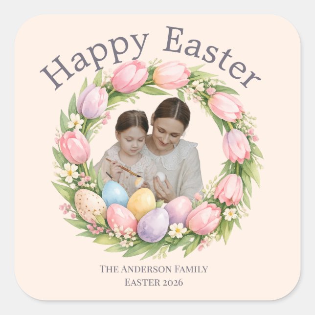 Sticker Carré Floral Wreath & Family Photo Personalized Easter  (Devant)