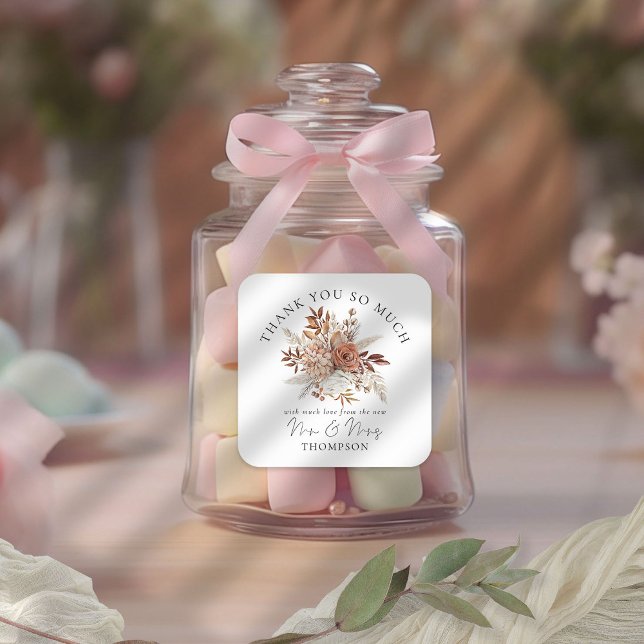 Sticker Carré Florales automnales Rustiques Nouveau M. Mme Merci (Rust Florals Thank you sticker for your favors! Part of the Terracotta Autumn Florals Collection)