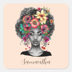 Sticker Carré Flore Élégant Afro Femme Magnet de pierre