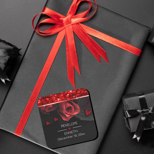 Sticker Carré Flore rouge noir foncé Moody (#zazlemade #BurgundyRed #darkmoody #weddingfavor #blackandred #gitterred #sparkles #heart #chic)