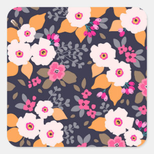 Sticker Carré Flore vintage : Blanc sur Bleu