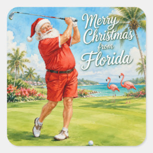 Sticker Carré Floride Golf Joyeux Noël avec le Père Noël