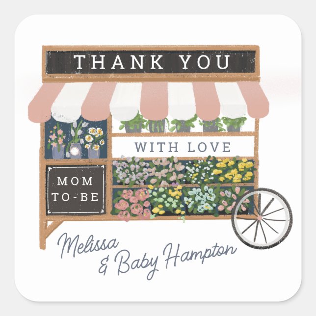 Sticker Carré Flower Cart Farmers Marché Baby shower rose Favori (Devant)
