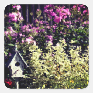 Sticker Carré Flower Garden Birdhouse Pastel Peinture