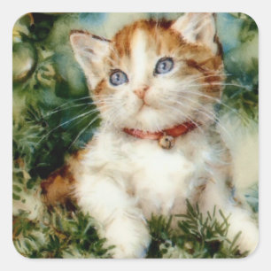 Sticker Carré Fluffy christmas cat Watercolor