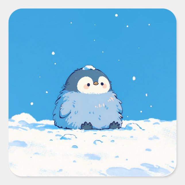 Sticker Carré Fluffy Penguin Sitting in Winter Snow (Devant)