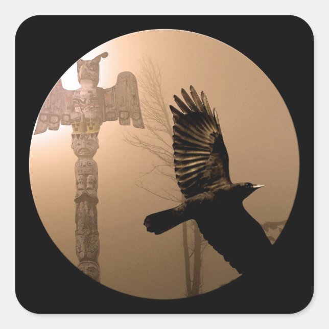Sticker Carré Flying Crow Spirit & Totem Pole Sacred Art (Devant)
