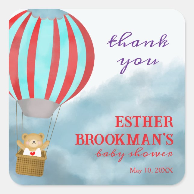 Sticker Carré Flying Cute Cub dans une fête de bébé Montgolfière (Devant)