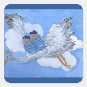 Sticker Carré Flying Stork and Twin Baby Boys : Susan Payne-Trut
