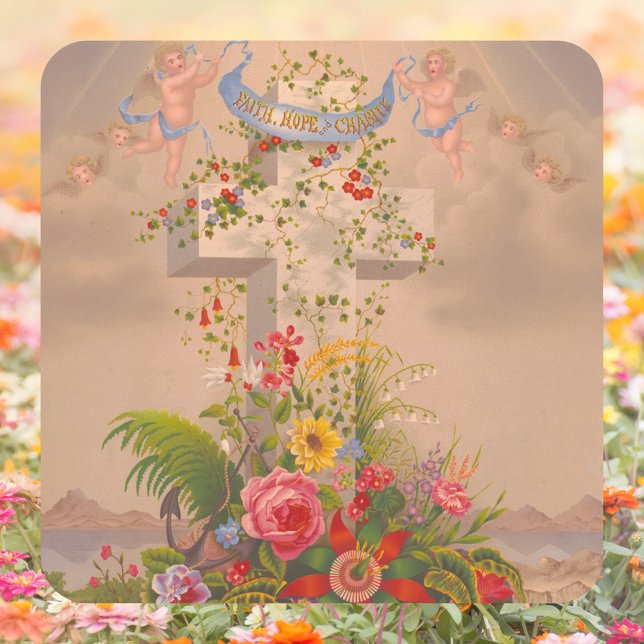 Sticker Carré Foi religieuse Espérance Charité Croix florale Pâq (Religious Christian Catholic Faith Hope Charity Floral Cross Christ is risen Easter Square Sticker)