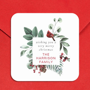 Sticker Carré Foliage d'hiver Cardinal rouge Personnalisé Joyeux