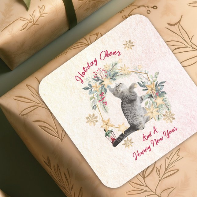 Sticker Carré Foliing Gold Snowflakes Fun Chat Nouvel An Noël (Créateur téléchargé)