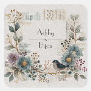 Sticker Carré Folk Art Floral Bird Mariage