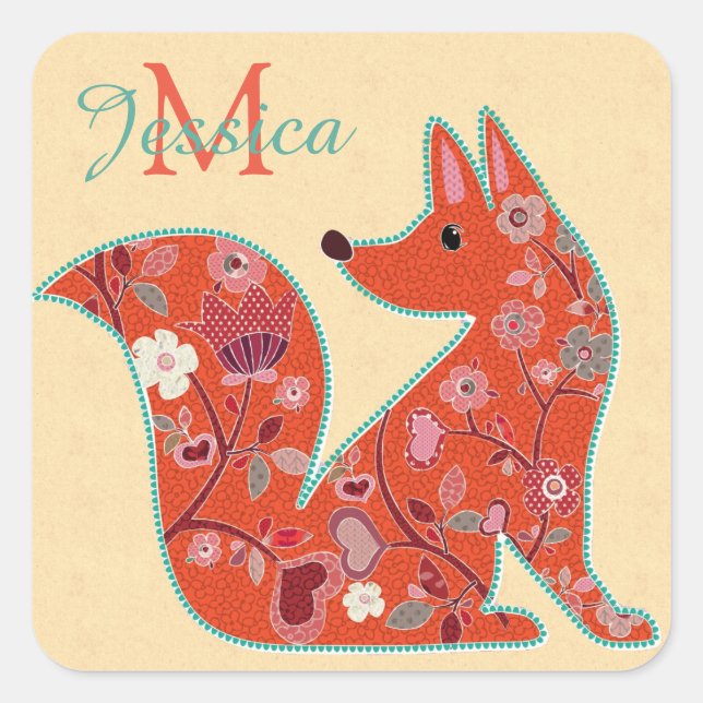 Sticker Carré Folk Art Flower Motif Fox personnalisé (Devant)