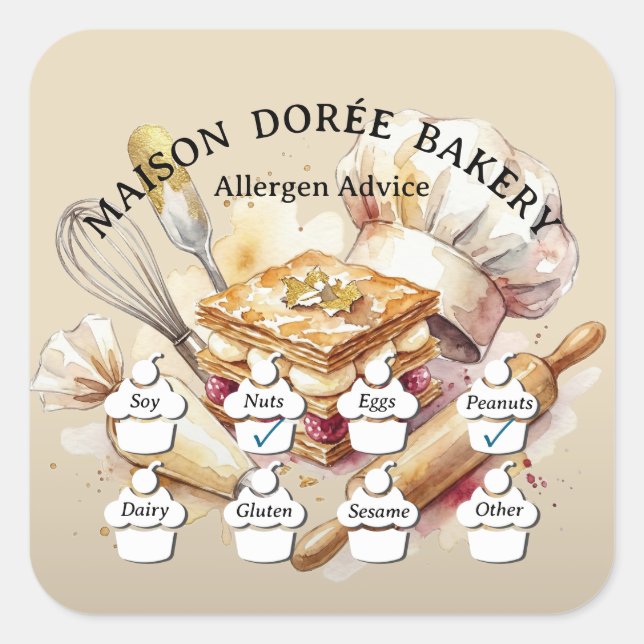 Sticker Carré Food Safety Allergy Alert Bakery Pastry Chef Gold (Devant)