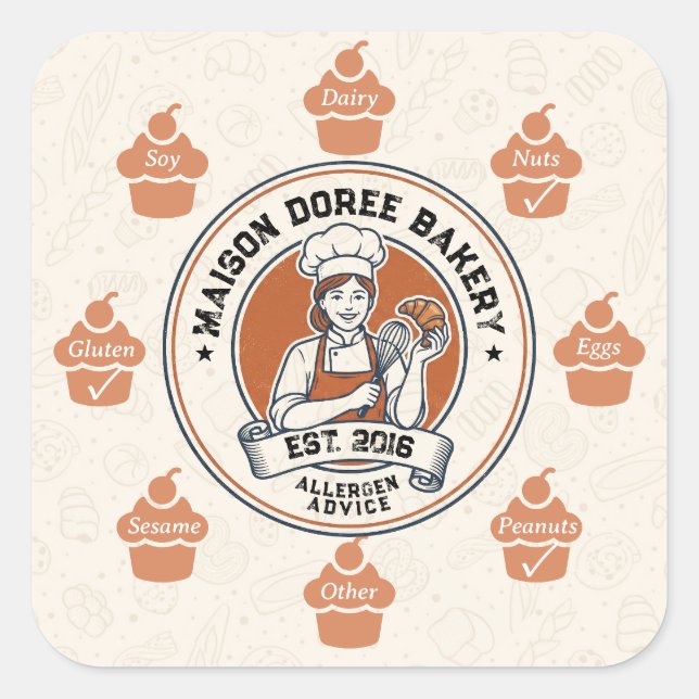 Sticker Carré Food Safety Allergy Alert Bakery Pastry Chef Gold (Devant)