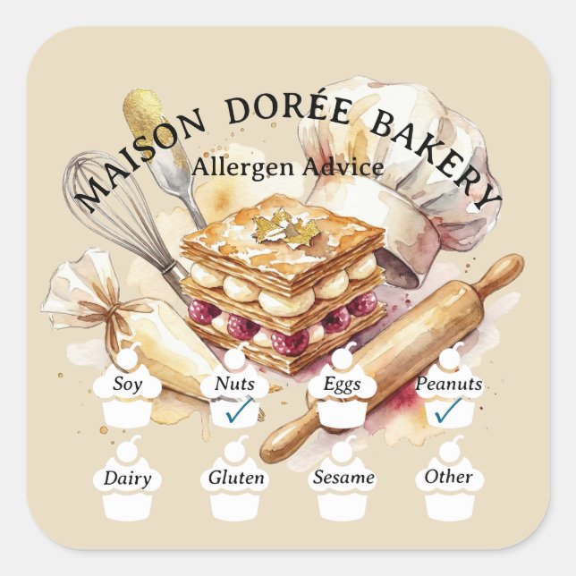 Sticker Carré Food Safety Allergy Alert Bakery Pastry Chef Gold (Devant)