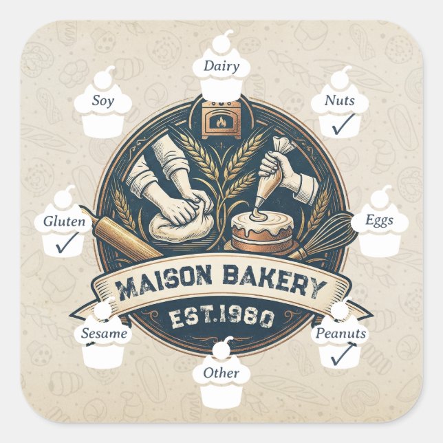 Sticker Carré Food Safety Allergy Alert Bakery Store Pastry Chef (Devant)