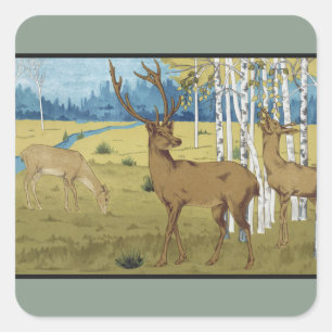Sticker Carré Forêt aux cerfs Art nouveau Maurice Verneuil Art
