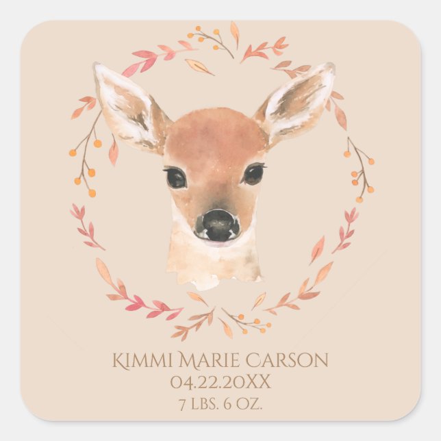 Sticker Carré Forêt Bois Animaux Aquarelle Naissance simple (Devant)