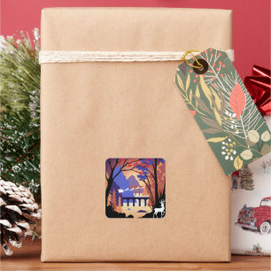 Sticker Carré Forêt crépusculaire Noël traîneau du Père Noël