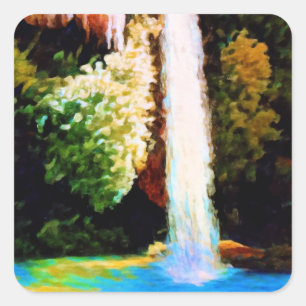 Sticker Carré Forêt d'automne Cascade Paysage Art