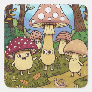 Sticker Carré Forêt de champignons mignons, bois de toadstool fa