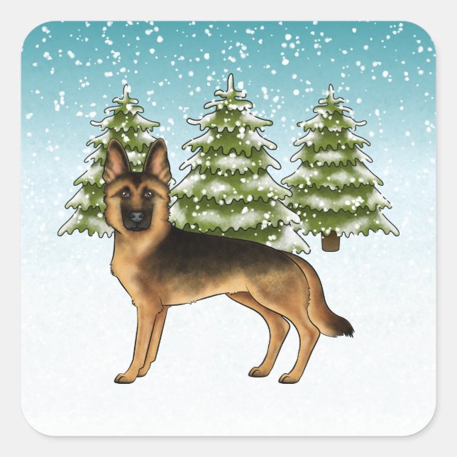 Sticker Carré Forêt D'Hiver De Chien Noir Et Tan Allemand (Devant)