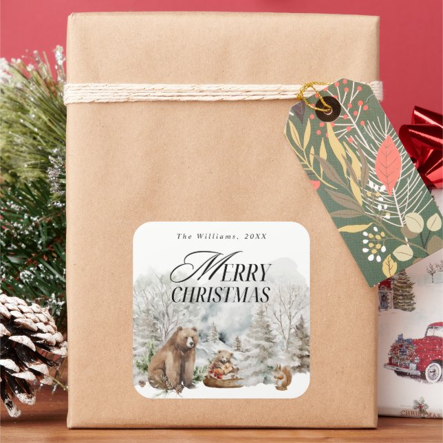 Sticker Carré Forêt d'hiver Elégante aquarelle Joyeux Noël (vacances)