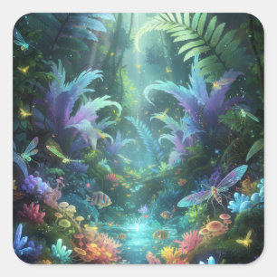 Sticker Carré Forêt enchantée bioluminescente Jungle magique