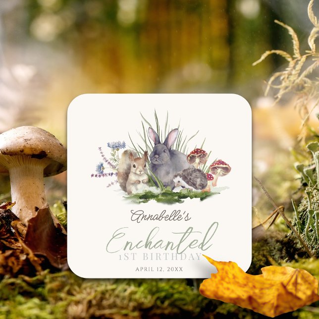 Sticker Carré Forêt enchantée Bois Animaux Crème Anniversaire (Enchanted Forest Woodland Animals Kid's Birthday Sticker)