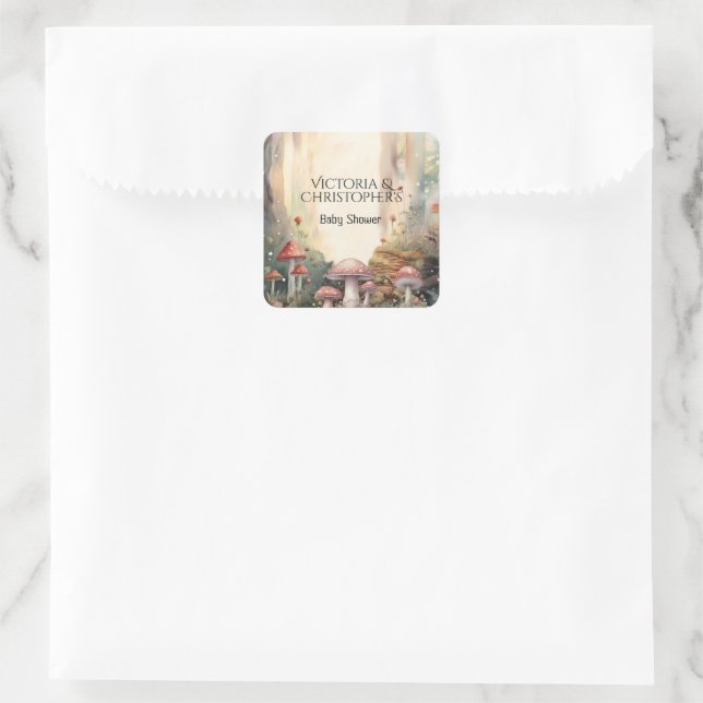 Sticker Carré Forêt enchantée Toadstool Baby shower champignon (Sac)