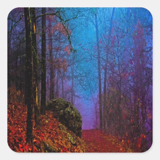 Sticker Carré Forêt peinte d'automne brume violette (Devant)