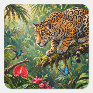 Sticker Carré Forêt tropicale Jaguar Colibris Papillons Fleurs