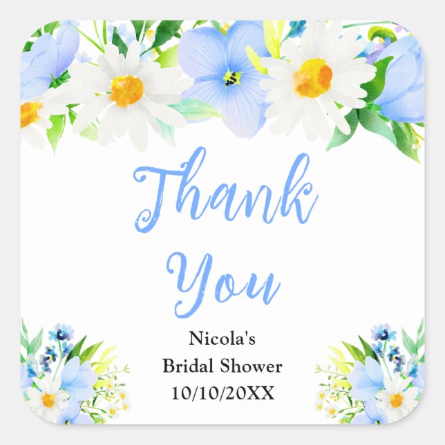 Sticker Carré Forget-Me-Nots Daisies Bridal Shower Thank You (Devant)