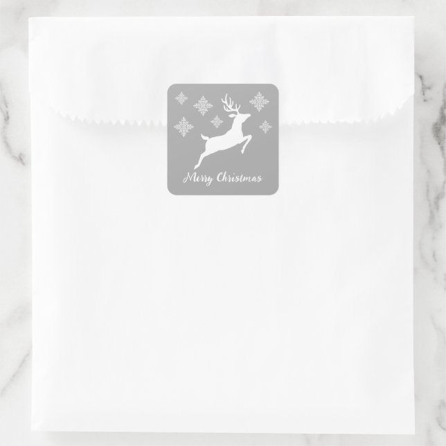 Sticker Carré Forme de cerf blanc sur fond gris avec flocons de  (Sac)