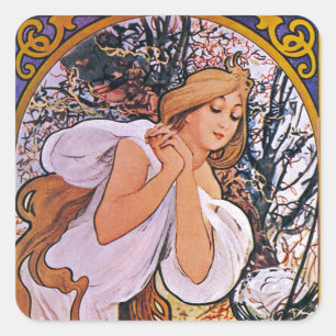 Sticker Carré Four Seasons by Alfons Mucha Art Déco Nouveau