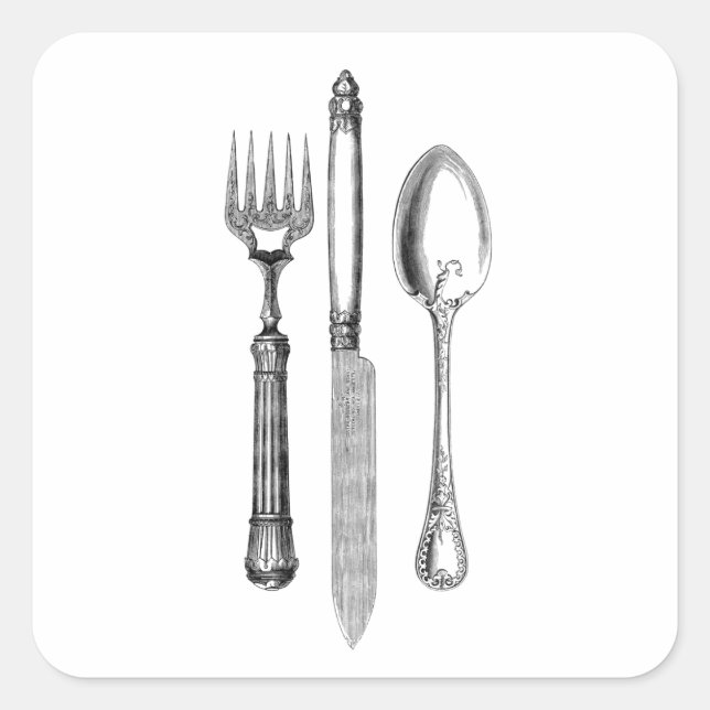 Sticker Carré Fourche à couteau d'antiquité et combo à cuillère  (Devant)