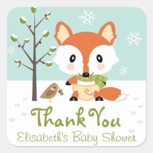 STICKER CARRÉ FOX HIVER EN DIAPER MERCI BABY SHOWER